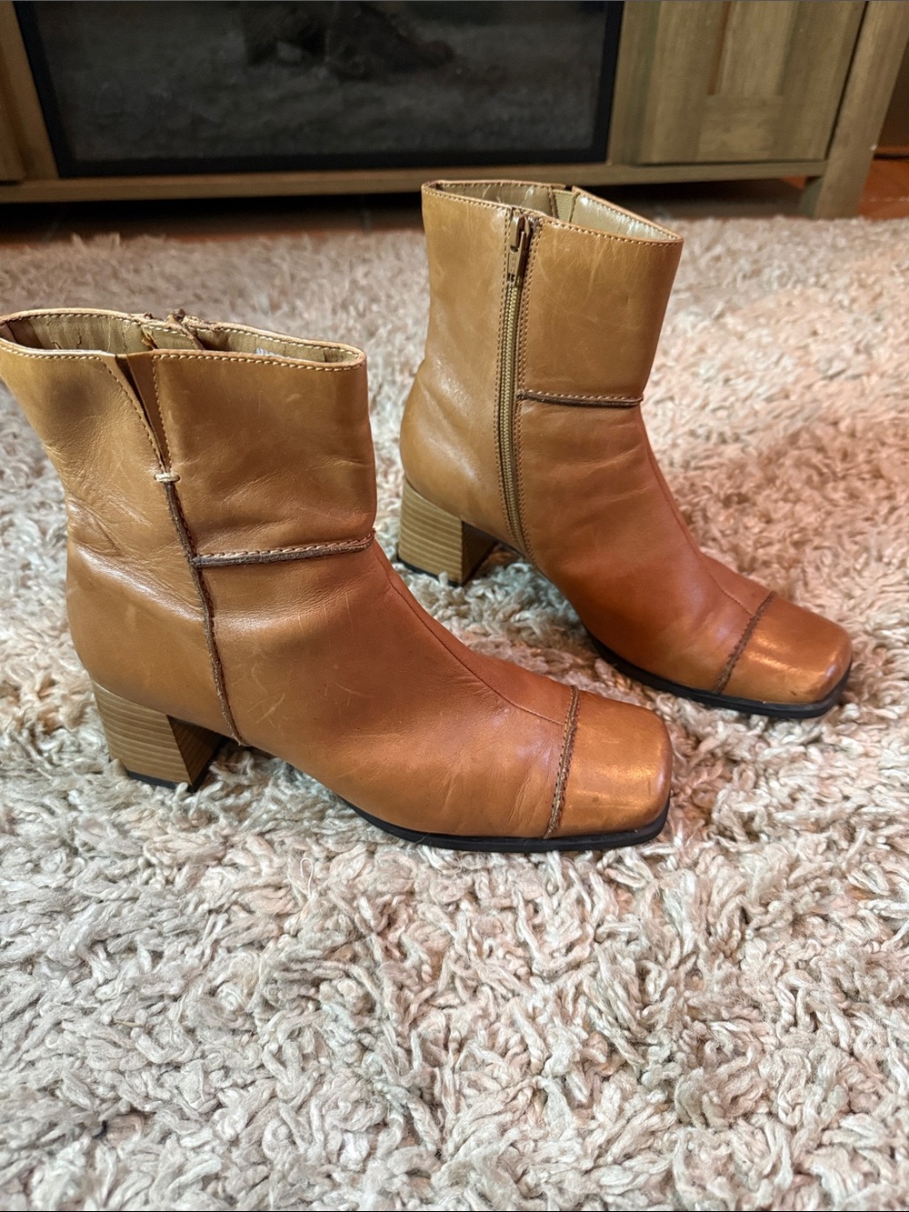Y2K Transit Tan Leather Block Heel Square Toe Ankle Boots Made in Macau -Size 38